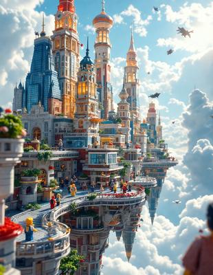 Primary subject: A large, intricate Lego city with a castle and a bridge.

Setting/background: The Lego city is set in a blue sky, giving it a whimsical and playful appearance.

Visual style: The image is a digital artwork, showcasing the intricate details of the Lego city.

Colors and mood: The primary colors in the image are blue and yellow, creating a vibrant and cheerful atmosphere.